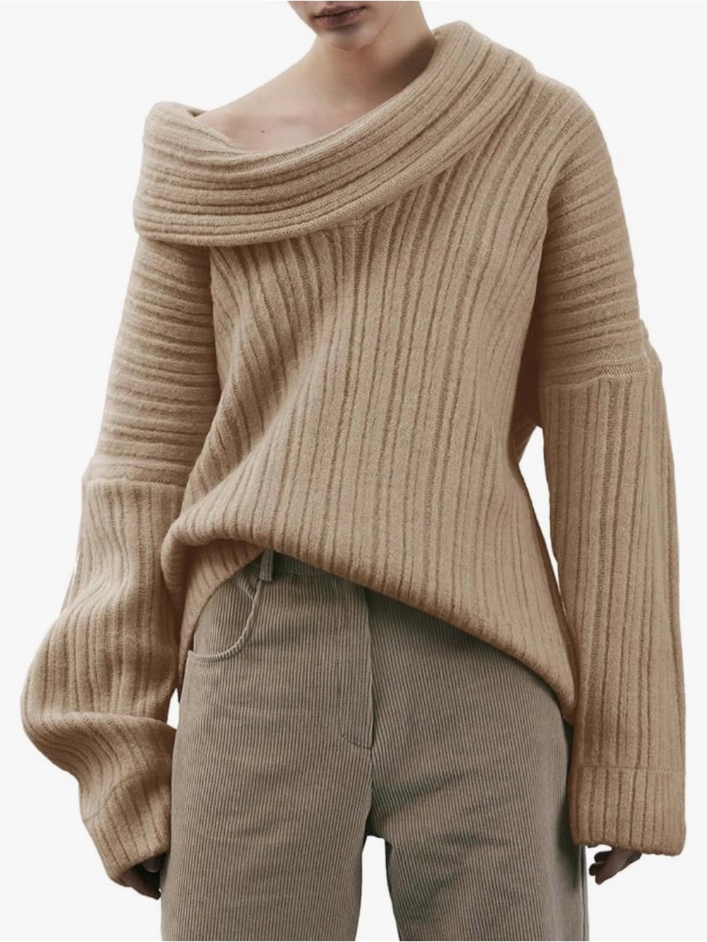 Cozy Ribbed Off-Shoulder Sweater in light brown